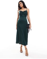 Vila - Robe longue en satin à col bénitier - foncé - Lyst