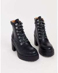pull&bear lace up biker boot with chunky sole in black