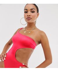 Free Society – Exklusiver, hochglänzender Badeanzug mit One-Shoulder-Träger und Zierausschnitt - Rot