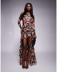 AFRM - Vestido Largo Con Estampado De Rosas, Escote Bardot Y Detalle De Cola Kellie De - Lyst