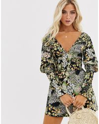 ASOS Shirred Waist And Sleeve Long Sleeve V Neck Playsuit In Floral Print - Multicolor