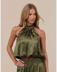 Wanderdoll - Top De Conjunto De Satén Con Cuello Alto Y Halter, Bajo Abullonado, En Verde - Lyst