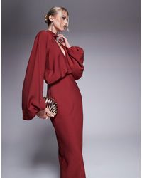 ASOS - Asos design tall - robe longue à col montant et décolleté plongeant avec manches blousantes - Lyst