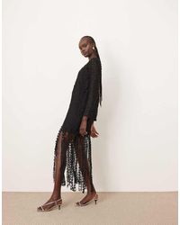 ARRANGE - Vestido Midi De Manga Larga Con Flecos En El Bajo Y Diseño Bordado De Encaje De - Lyst