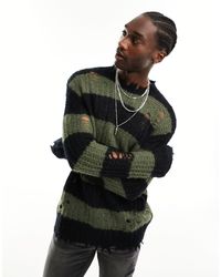 AllSaints - Sid - maglione girocollo effetto invecchiato e verde e righe - Lyst