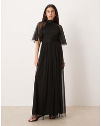 LACE & BEADS - Tulle High Neck Sheer Flutter Sleeve Maxi Dress - Lyst