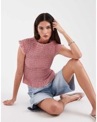 ONLY - Top A Quadretti Con Maniche Ad Aletta Con Volant Sul Fondo - Lyst