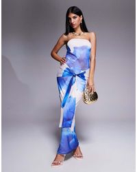 Kaiia - Exclusive Double Layered Slinky Mesh Floral Tie Waist Drape Detail Maxi Dress - Lyst
