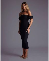 Vesper - Bardot Midaxi Dress With Puff Sleeves - Lyst