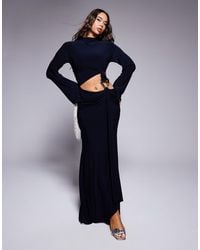 ASOS - High Neck Knotted Detail With Long Sleeve Maxi Dress With Oversized Trim - Lyst
