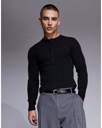 ASOS - Muscle Fit Geribbeld T-Shirt Met Lange Mouwen En Henley-Hals - Lyst