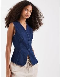 Vero Moda - Denim Asymmetric Placket Waistcoat With Covered Buttons - Lyst