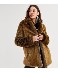 ASOS Asos Design Tall Stand Collar Faux Fur Coat In Brown