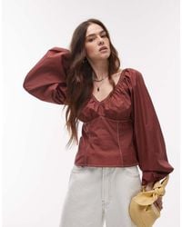 TOPSHOP - Ruched Neck Balloon Sleeve Blouse With Top Stitching - Lyst