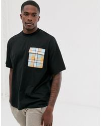 ASOS Oversized Longline T-shirt With Contrast Check Pocket - Black