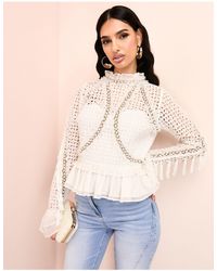 ASOS - 3d Floral Embellished Cotton Broderie Top With Organza Peplum Hem - Lyst