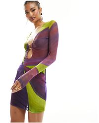 FARAI LONDON - Eos - robe moulante courte en tulle à découpes avec encolure dégagée - violet et citron vert à fleurs - Lyst