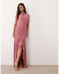 ASOS - High Neck Cowl Mesh Maxi Dress With Frill Split Detail - Lyst