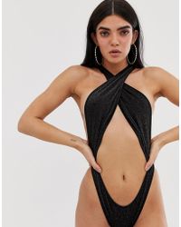 ASOS Cross Neck Swimsuit In Black Glitter