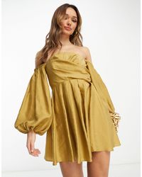 ASOS - Washed Off Shoulder Balloon Slv Mini Dress With Wrap Corset Detail - Lyst