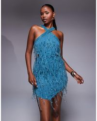 ASOS - Vestido Corto Con Cuello Halter, Abertura En La Cintura, Bajo De Pico Y Diseño Con Abalorios De - Lyst