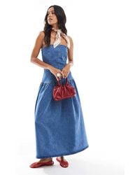 ASOS - Cinch Waist Bandeau Denim Midi Dress With Dropped Waist - Lyst