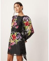 ASOS - Organza Long Sleeve Embroidered Tie Back Mini Dress - Lyst