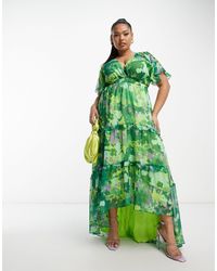 ASOS - Vestido largo verde escotado y escalonado con estampado floral difuminado, abertura y mangas ángel - Lyst
