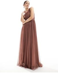 LACE & BEADS - Bridesmaid One Shoulder Tulle Maxi Dress - Lyst