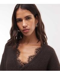 Monki - Exclusive Fluffy Knitted V-neck Jumper With Lace Trim - Lyst