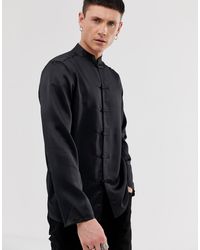 ASOS Regular Fit Satin Mandarin Collar Shirt - Black