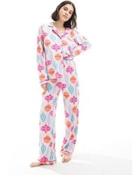 Loungeable - Christmas Super Soft Jersey Revere Top And Wide Leg Pyjama Set - Lyst