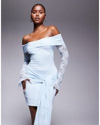 Kaiia - Exclusive Double-layered Slinky Lace Bardot Tie Front Drape Detail Mini Dress - Lyst