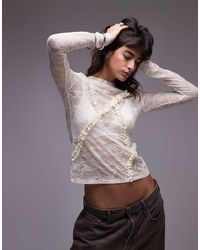 TOPSHOP - Lace Ruffle Front Long Sleeve Top - Lyst
