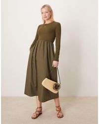 Threadbare - Vestito Midi A Maniche Lunghe Kaki Con Gonna - Lyst