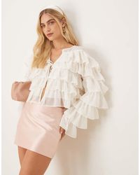 Gina Tricot - Long Sleeve Cropped Flounce Ruffle Blouse With Tie Front - Lyst