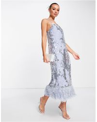 ASOS - Floral Sequin And Bead Midi Dress With Faux Feather Hem - Lyst
