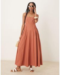 ASOS - Robe mi-longue plissée à la taille à encolure dégagée - terracotta - Lyst