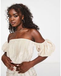 In The Style - Off-shoulder Puff Sleeve Crop Top - Lyst