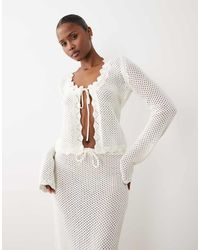 The Frolic - Exclusive Cotton Rich Open Crochet Scallop Edge Tie Split Front Long Sleeve Beach Top Co-Ord - Lyst