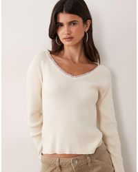 Miss Selfridge - Rib Knit Lace Trim V Neck Fitted Top - Lyst
