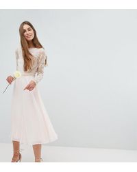 Amelia Rose Embroidered Long Sleeve Midi Dress With Plunge Back Detail - Pink