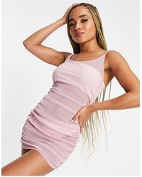 South Beach Stretch Mesh Ruched Side Strappy Dress - Pink