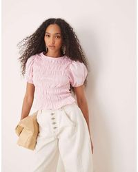 ASOS - Cotton Shirred Top With Frill Peplum And Puff Sleeve - Lyst