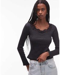 ASOS - Sweetheart Lace Trim Rib Long Sleeve Top - Lyst