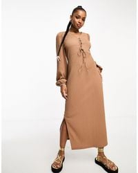 Vero Moda - Textured Long Sleeve Maxi Dress With Lace Up Detail - Lyst
