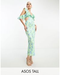 ASOS - Asos design tall - robe longueur mollet en satin avec imprimé fleuri et manches évasées - citron vert - Lyst