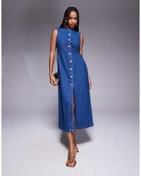 ASOS - Round Neck Denim Maxi Dress With Button Front Opening - Lyst