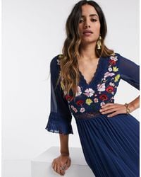 ASOS Lace Insert Pleated Midi Dress With Embroidery - Blue