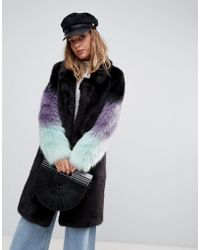 Urbancode Longline Coat With Ombre Faux Fur Sleeves - Black